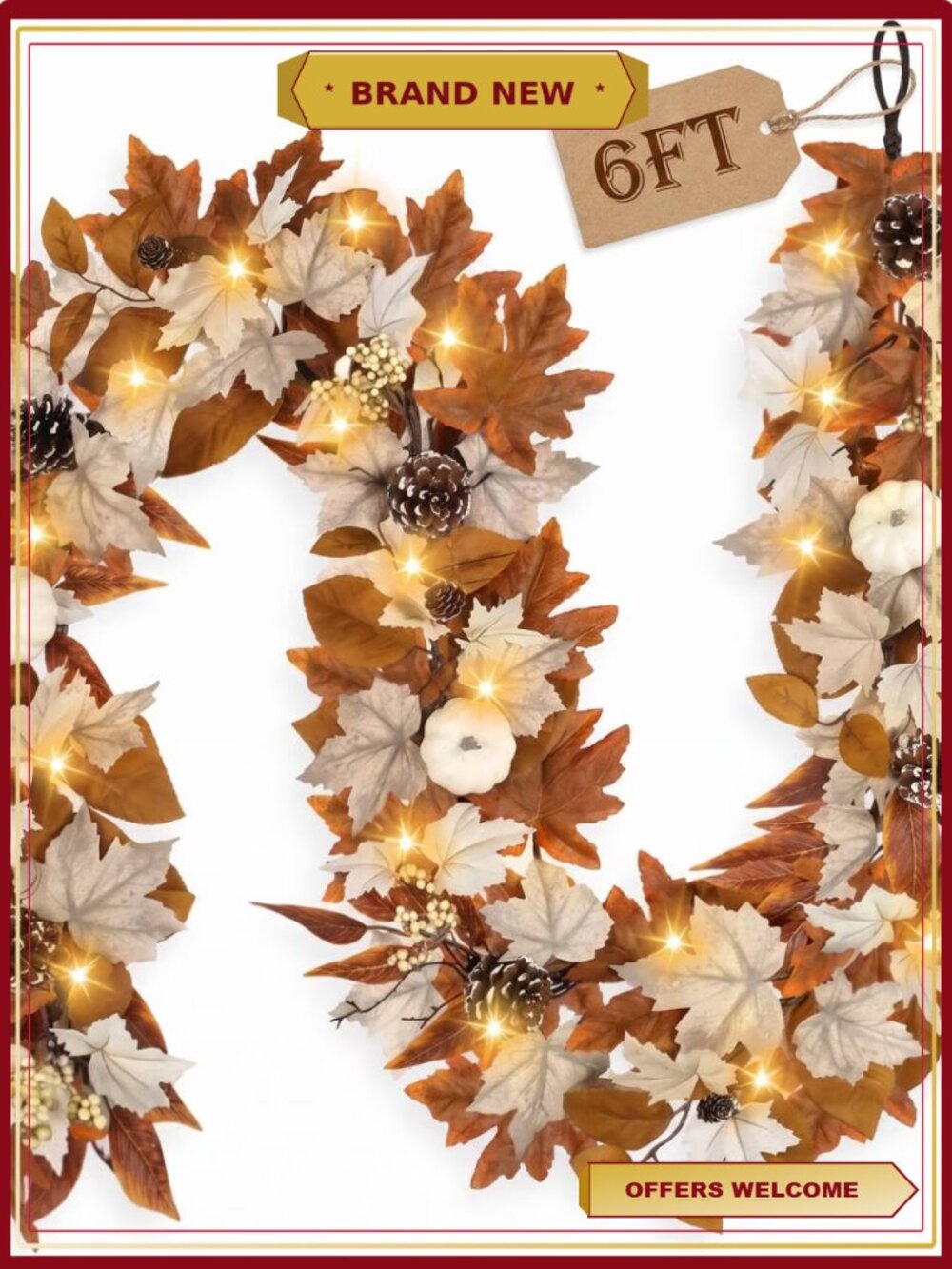 Artificial Fall Maple Leaves Garland 6 FT with Lights & Hanging Hooks